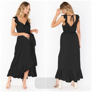 NWT Show Me Your MuMu Black Satin Samantha Ruffle Wrap Dress *no sash